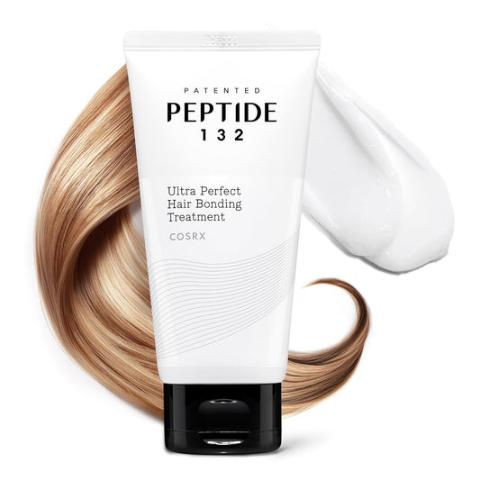 Cosrx Peptide 132 hair treatment tube with blonde hair strands on a white background