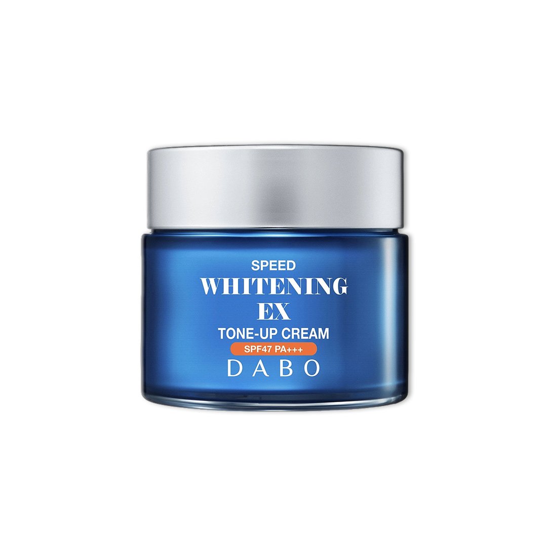 Blue jar of DABO Speed Whitening EX Tone-Up Cream on a white background. This cream also offers UVA/UVB sun protection and functions as an ideal makeup base. Suitable for daily use on all skin types, including dark skin, melasma, and freckles, it supports a clearer, more even complexion.