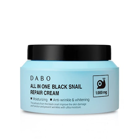 A container of Dabo All In One Black Snail Repair Cream with a light blue label, 100ml size, indicating hydration, anti-wrinkle, and whitening properties.
