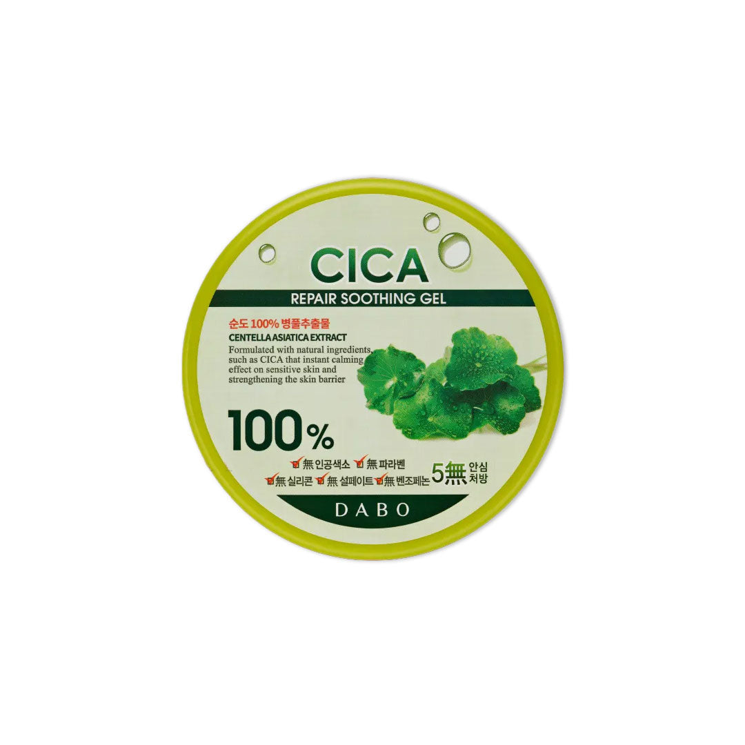 Cica repair soothing gel container with green label. Its gentle texture absorbs swiftly, facilitating skin healing and restoring a calm, balanced appearance, making it perfect for everyday application.