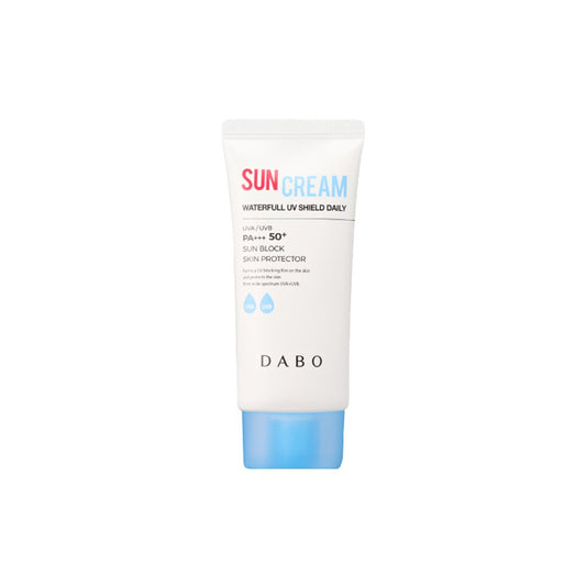 Sun cream bottle with DABO branding on a white background. The Dabo Waterfull UV Shield Daily Sun Cream is a Korean-made sunscreen offering SPF 50+ PA+++ for effective protection against both UVA and UVB rays. Its moisturizing, lightweight, and non-greasy formula is designed for daily application and is suitable for dry, combination, and sensitive skin types.
