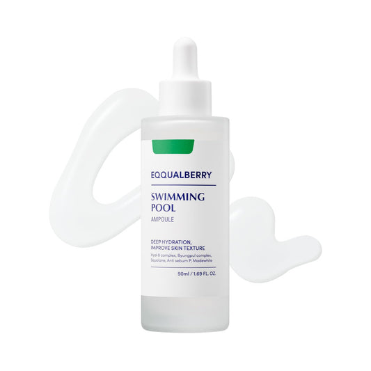 Eqqualberry Swimming Pool Ampoule  Deep Hydration and Soothing Korean Skin Care Serum for glass skin. It is light weight, non sticky and pore tightening benefits. 8 layers of moisture layering fill the skin