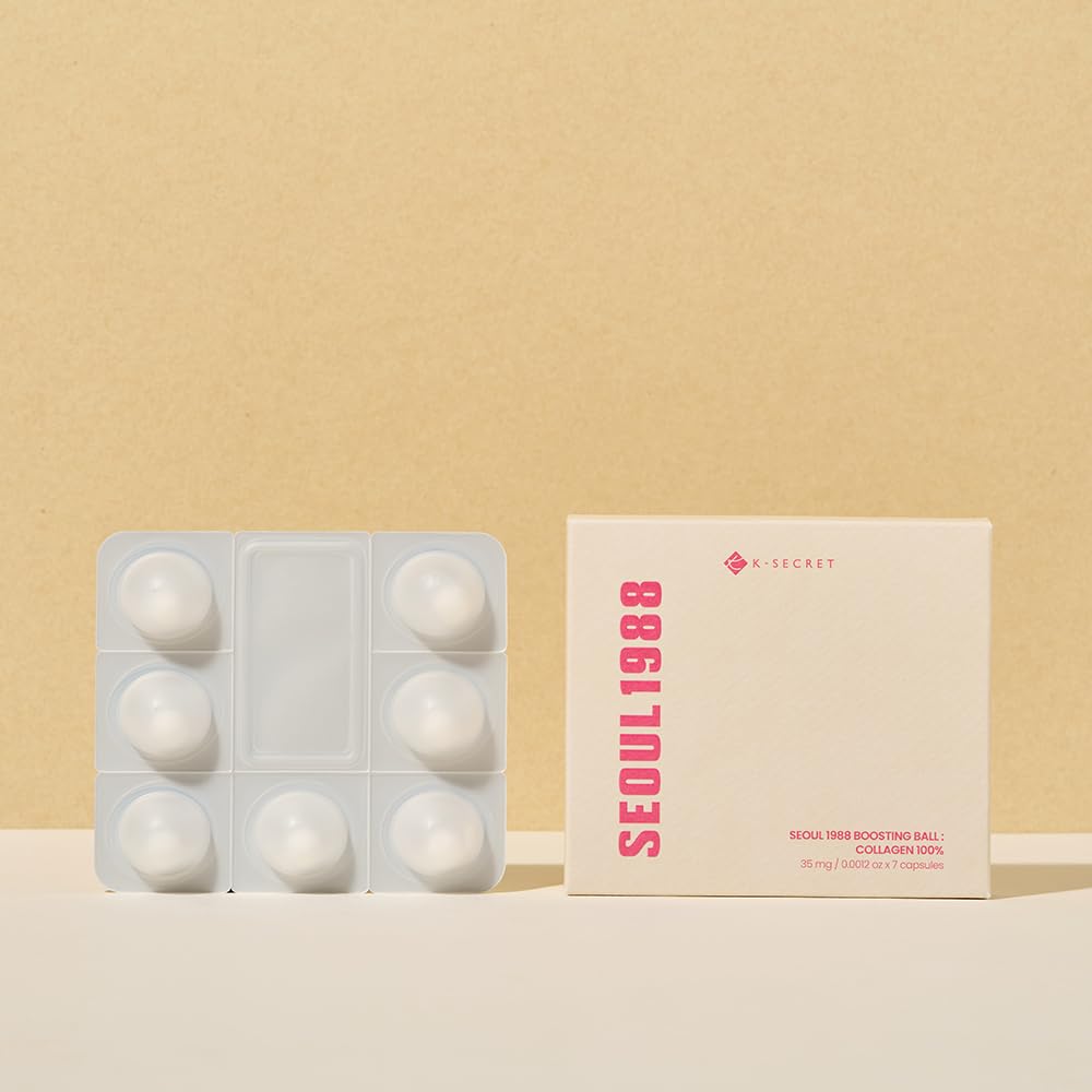 Packaging of Seoul 1988 skincare products on a beige background. This enhances collagen absorption, helps minimize wrinkles, and promotes a plumper, more youthful, and radiant complexion.