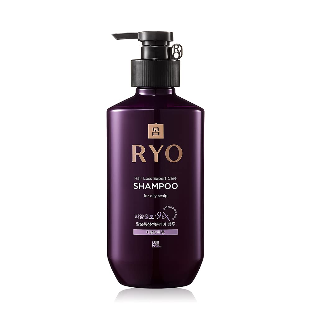A bottle of RYO Hair Loss Expert Care Shampoo for oily scalp, with a purple label and cap, and a pump dispenser.  This gentle, silicone-free shampoo relieves itchiness, strengthens hair strands from the root, and enhances natural shine for a balanced and revitalized scalp.