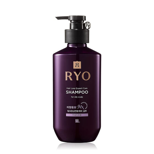 A bottle of RYO Hair Loss Expert Care Shampoo for oily scalp, with a purple label and cap, and a pump dispenser.  This gentle, silicone-free shampoo relieves itchiness, strengthens hair strands from the root, and enhances natural shine for a balanced and revitalized scalp.