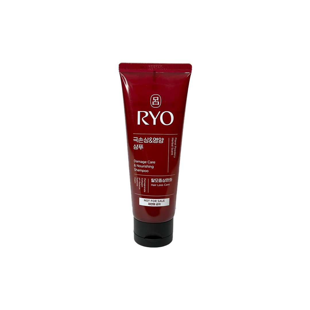Red RYO shampoo bottle on a white background. this shampoo helps restore natural luster, enhances hair manageability, minimizes frizz and breakage, and supports scalp wellness, all while imparting a delicate floral, powdery, and herbal fragrance.