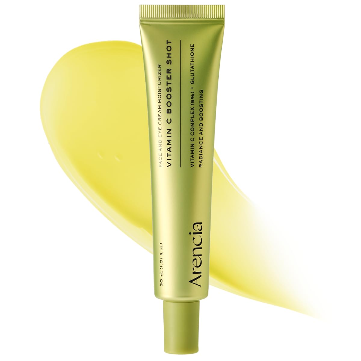 Arencia Vitamin C Booster Shot tube with a yellow background