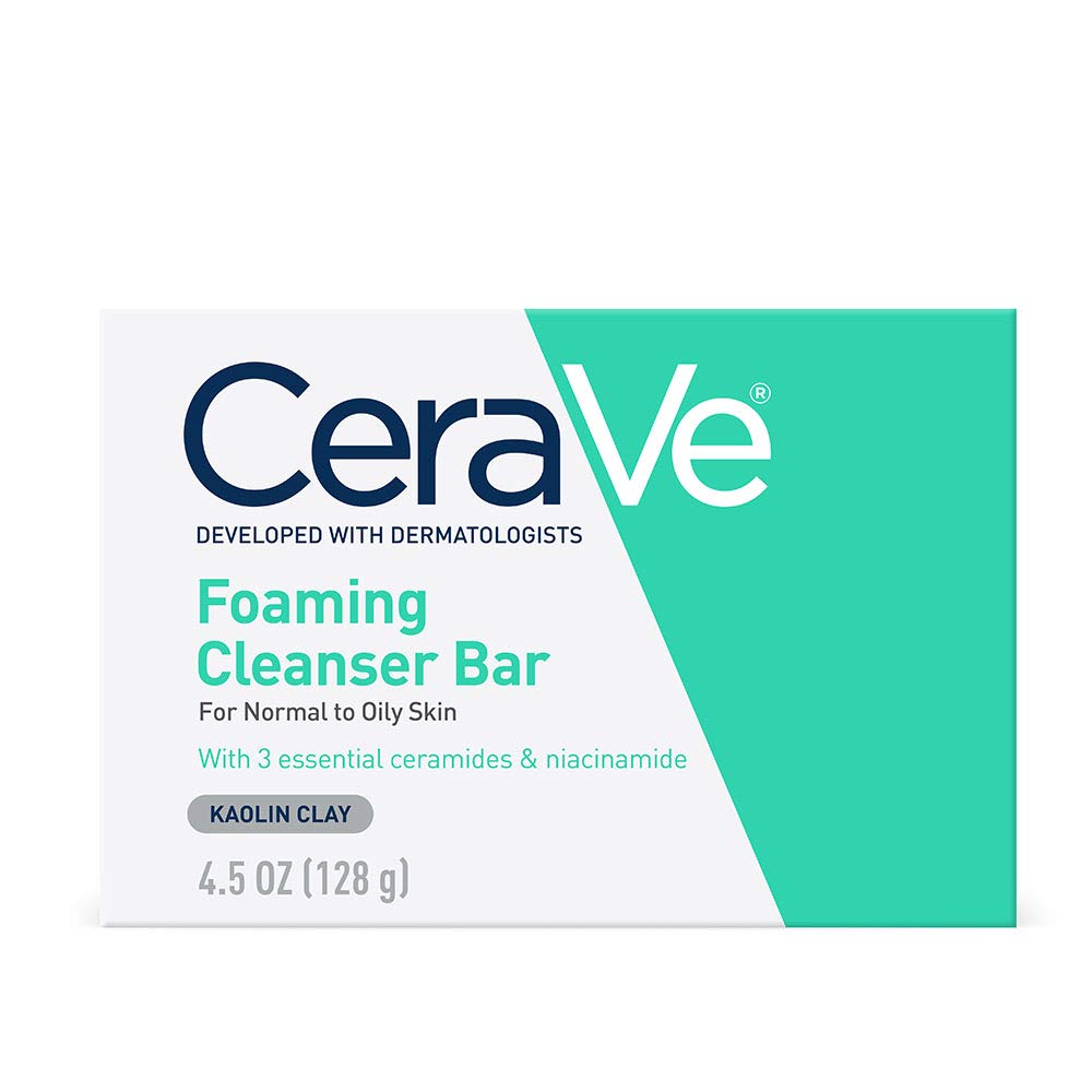 CeraVe Foaming Cleanser Bar 128g for normal to oily skin, formulated with kaolin clay, niacinamide, and 3 essential ceramides.