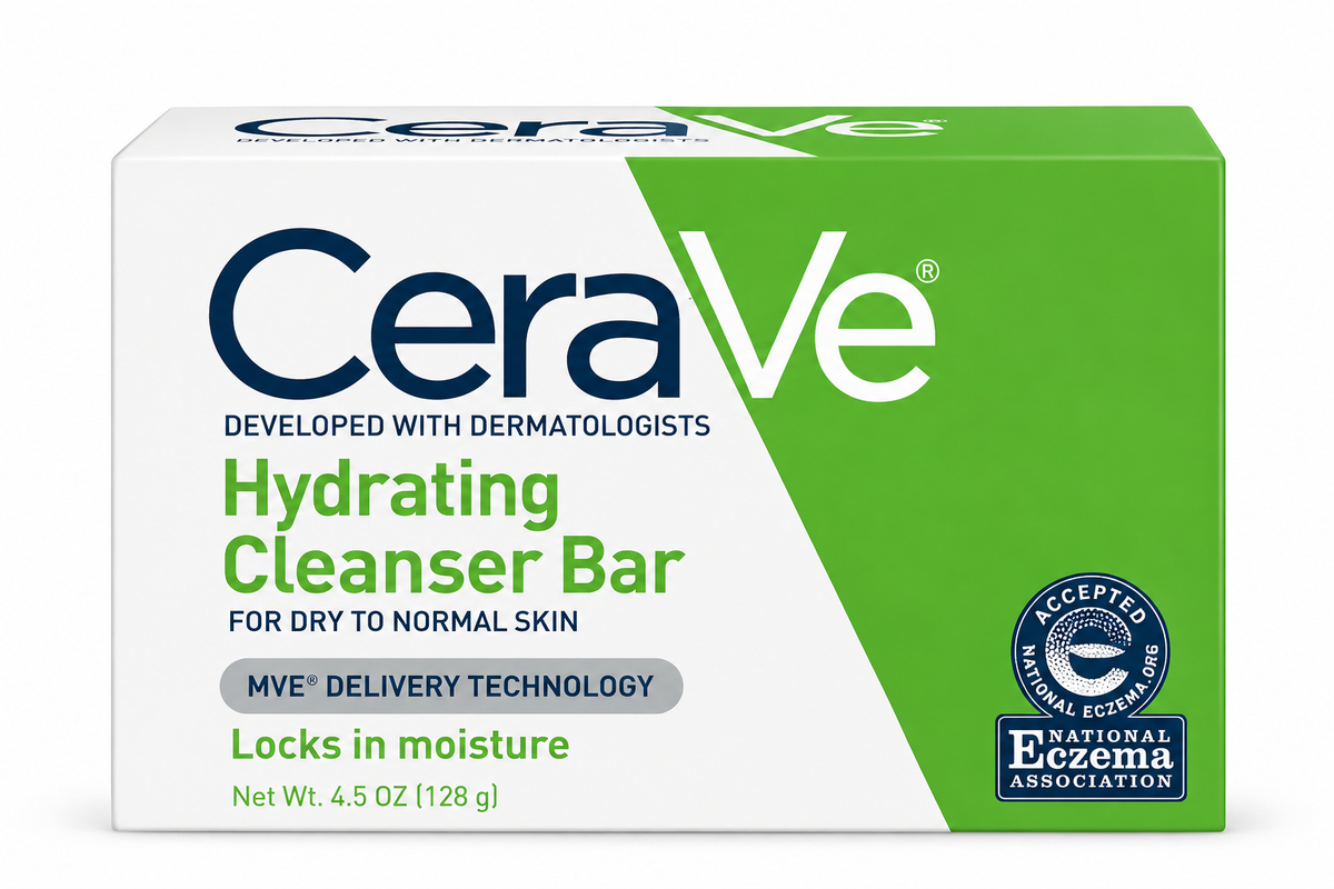 CeraVe Hydrating Cleanser Bar 128g for dry to normal skin, featuring MVE Delivery Technology to help lock in moisture.