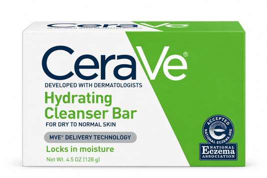 CeraVe Hydrating Cleanser Bar 128g for dry to normal skin, featuring MVE Delivery Technology to help lock in moisture.