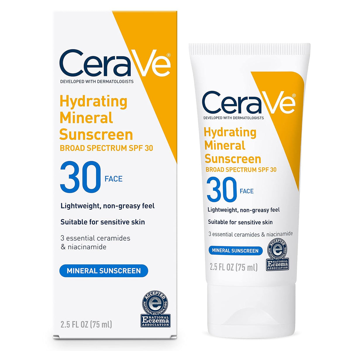 CeraVe Hydrating Mineral Sunscreen SPF 30 Face Lotion 75ml with broad-spectrum mineral sun protection, 3 essential ceramides and niacinamide, in a tube and box.