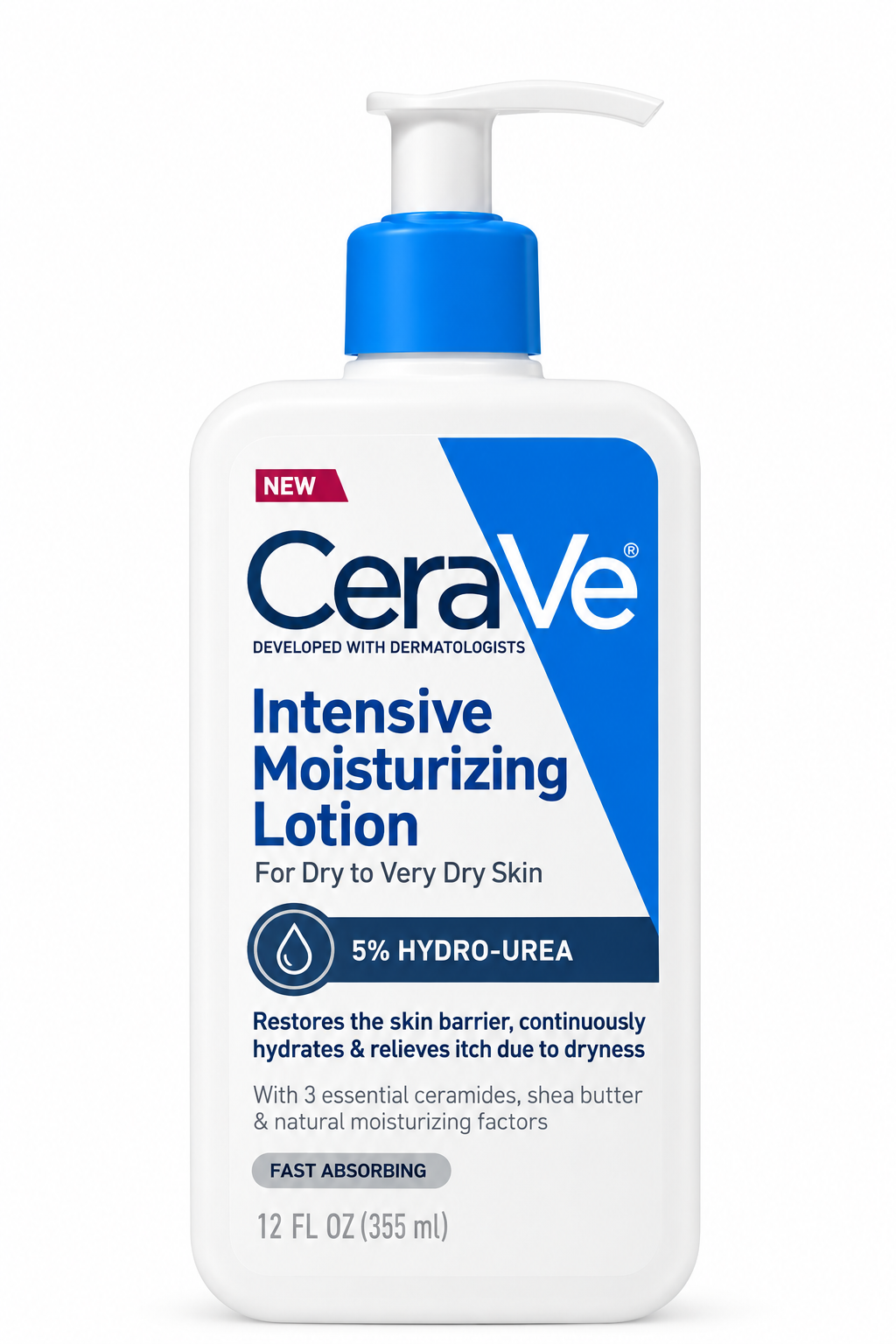 CeraVe Intensive Moisturizing Lotion 355ml for dry to very dry skin, with 5% Hydro-Urea, 3 essential ceramides, shea butter, and natural moisturizing factors.