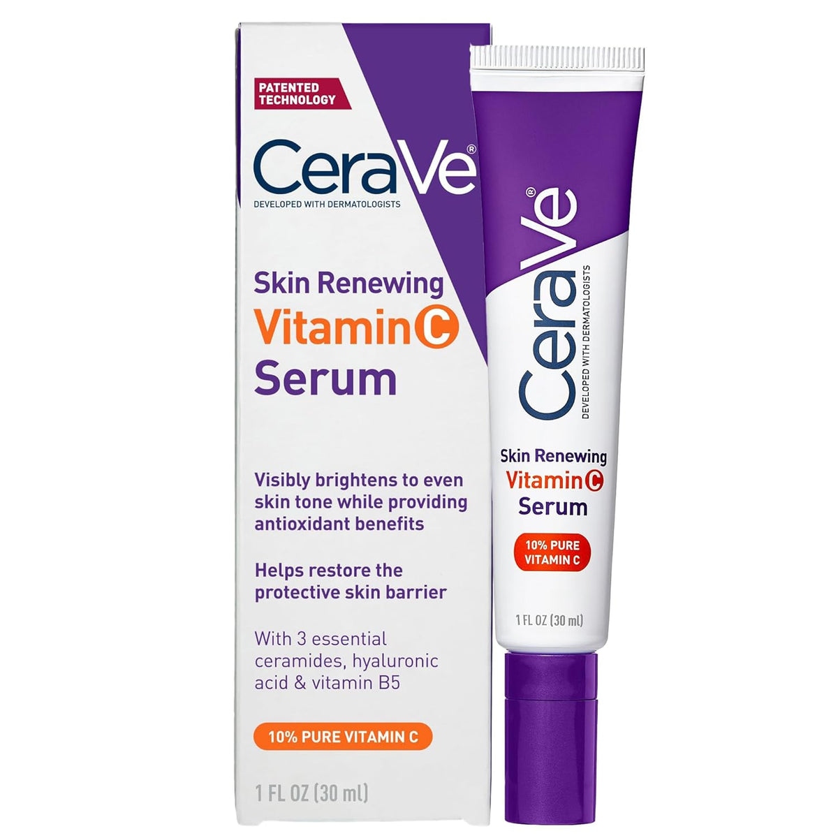 CeraVe Skin Renewing Vitamin C Serum 30ml with 10% pure vitamin C, hyaluronic acid, vitamin B5, and 3 essential ceramides, shown with its box and tube.