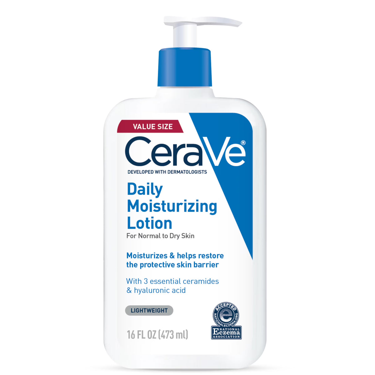 CeraVe (USA) Daily Moisturizing Lotion for Normal to Dry Skin, 473ml value-size pump bottle with 3 essential ceramides and hyaluronic acid.