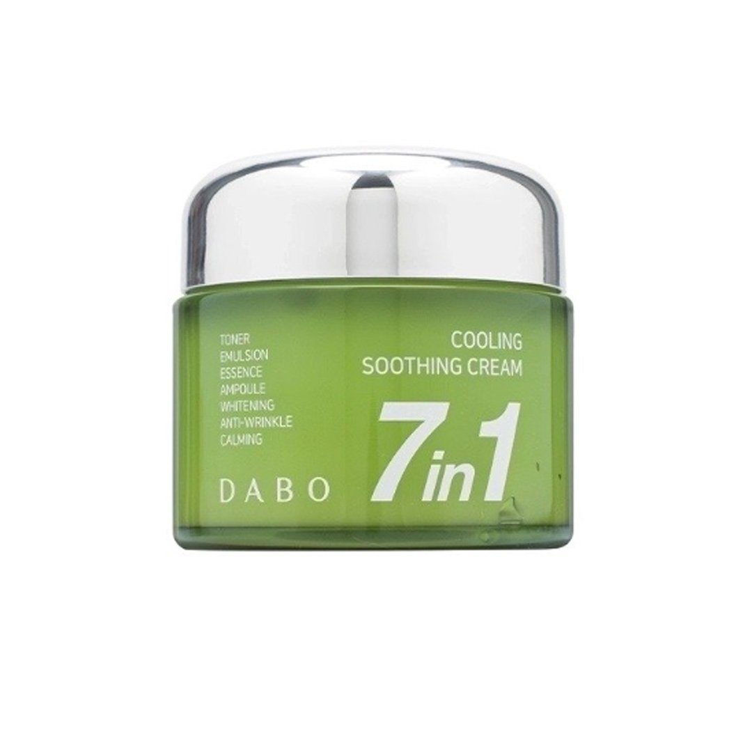 Green jar of DABO 7in1 cooling soothing cream with silver lid jar and This formula calms, hydrates, brightens, firms, and revitalizes, making it an effective, comprehensive care option suitable for all skin types, including sensitive skin.