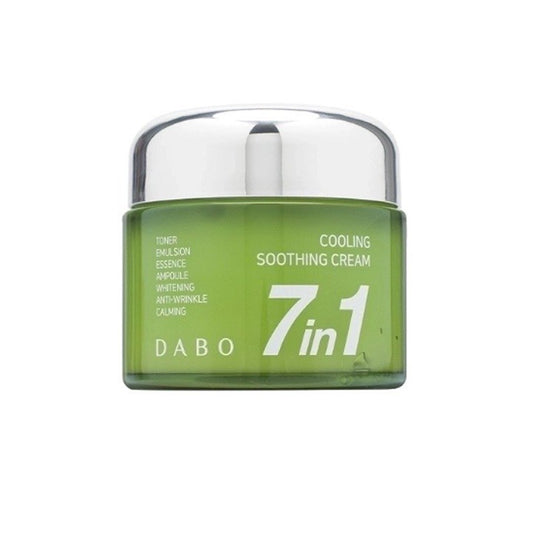 Green jar of DABO 7in1 cooling soothing cream with silver lid jar and This formula calms, hydrates, brightens, firms, and revitalizes, making it an effective, comprehensive care option suitable for all skin types, including sensitive skin.