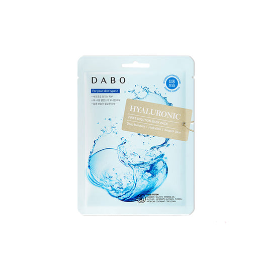 DABO Hyaluronic face mask packaging on a white background. The Dabo First Solution Hyaluronic Sheet Mask is a Korean skincare treatment crafted to deliver profound hydration to dry and lackluster skin. Its ultra-thin, biodegradable cellulose sheet carries a potent essence, promoting optimal absorption of hydrating and calming components.