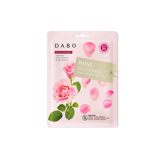 DABO Rose face mask packaging on a white background. Dabo First Solution Mask Pack Rose is a rejuvenating sheet mask infused with rose essence. Celebrated for its hydrating and soothing effects, this mask intensely nourishes, revitalizes, and enhances the skin’s natural radiance.