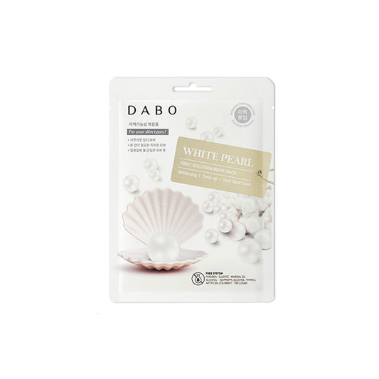 DABO White Pearl facial mask packaging on a white background. This single-use sheet mask contains pearl extract to even out skin tone and boost luminosity.