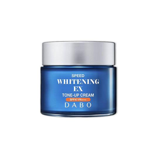 Blue jar of DABO Speed Whitening EX Tone-Up Cream on a white background.  This cream also offers UVA/UVB sun protection and functions as an ideal makeup base. Suitable for daily use on all skin types, including dark skin, melasma, and freckles, it supports a clearer, more even complexion.
