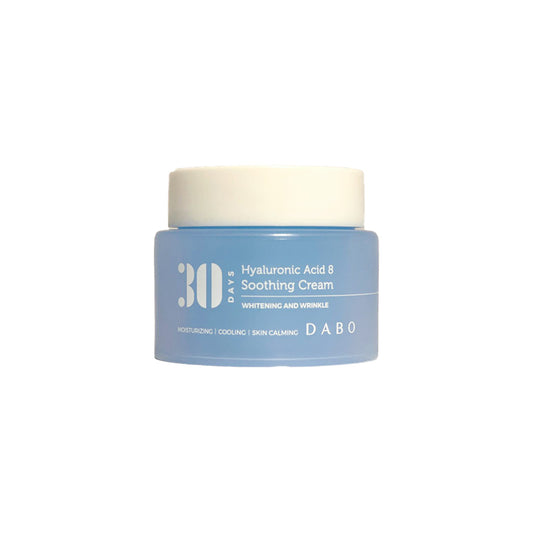 Blue jar of Dabo Hyaluronic Acid 8 Soothing Cream Its lightweight, non-greasy texture absorbs rapidly and is ideal for all skin types without clogging pores.