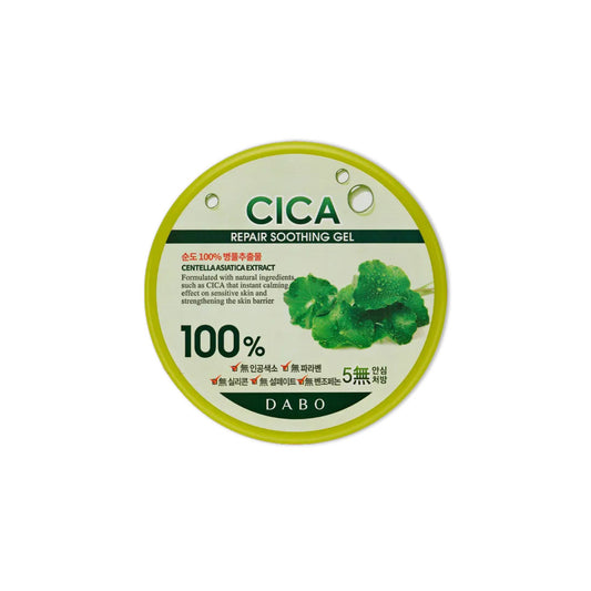 Cica repair soothing gel container with green label. Its gentle texture absorbs swiftly, facilitating skin healing and restoring a calm, balanced appearance, making it perfect for everyday application.