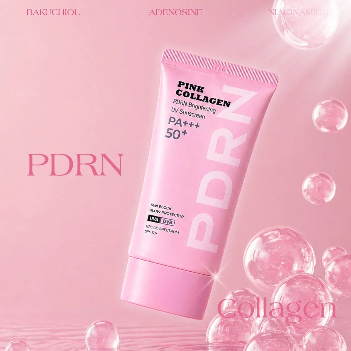 Pink Collagen PDRN UV Sunscreen in a pink squeeze tube, set against a pink background with decorative translucent bubbles and text overlays.