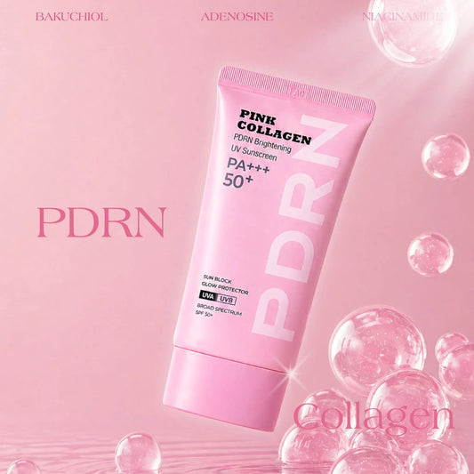 Pink Collagen PDRN UV Sunscreen in a pink squeeze tube, set against a pink background with decorative translucent bubbles and text overlays.