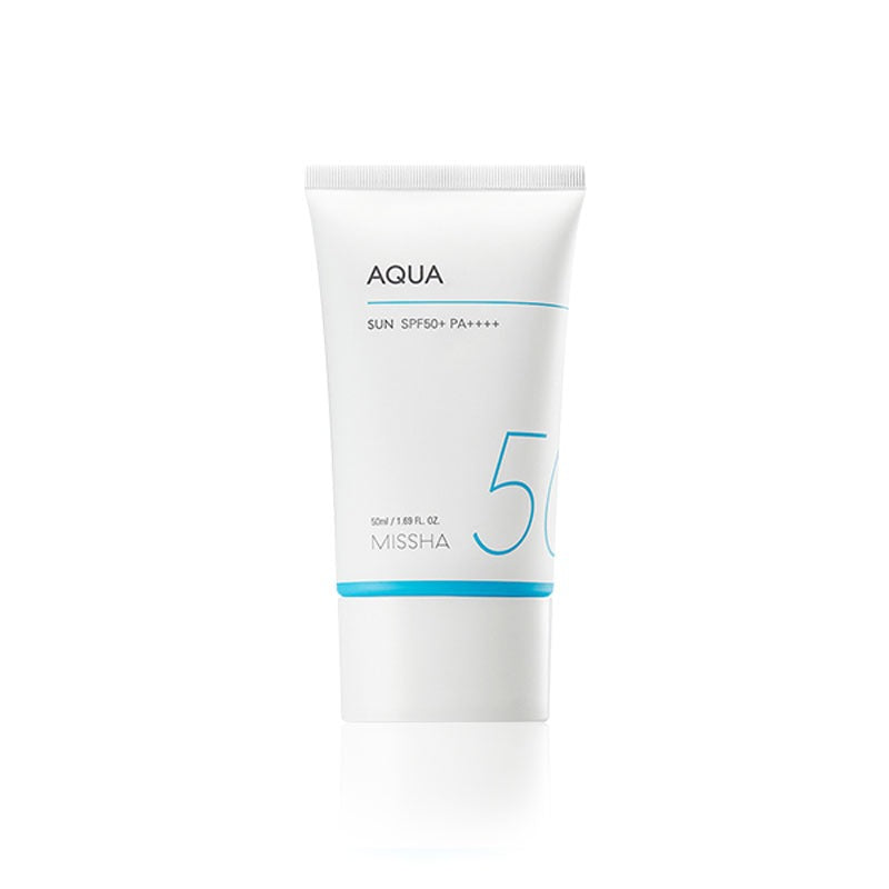 MISSHA Safe Block Aqua White sunscreen tube with blue accents on a white background