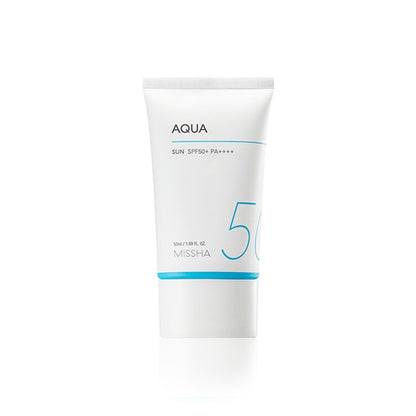 MISSHA Safe Block Aqua White sunscreen tube with blue accents on a white background