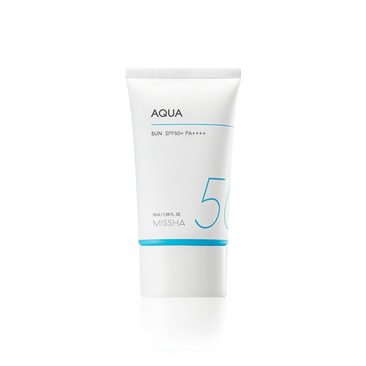 MISSHA Safe Block Aqua White sunscreen tube with blue accents on a white background
